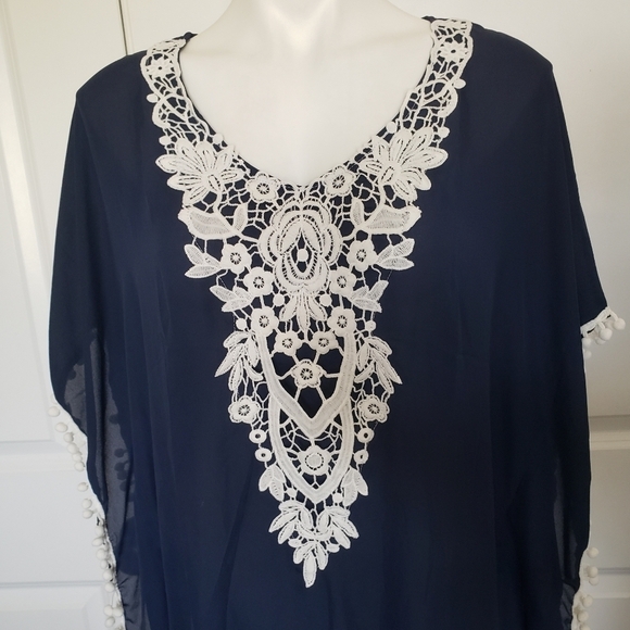 ADREAMLY Navy White Pom Trim Swim Cover Short Caftan M - Picture 2 of 6
